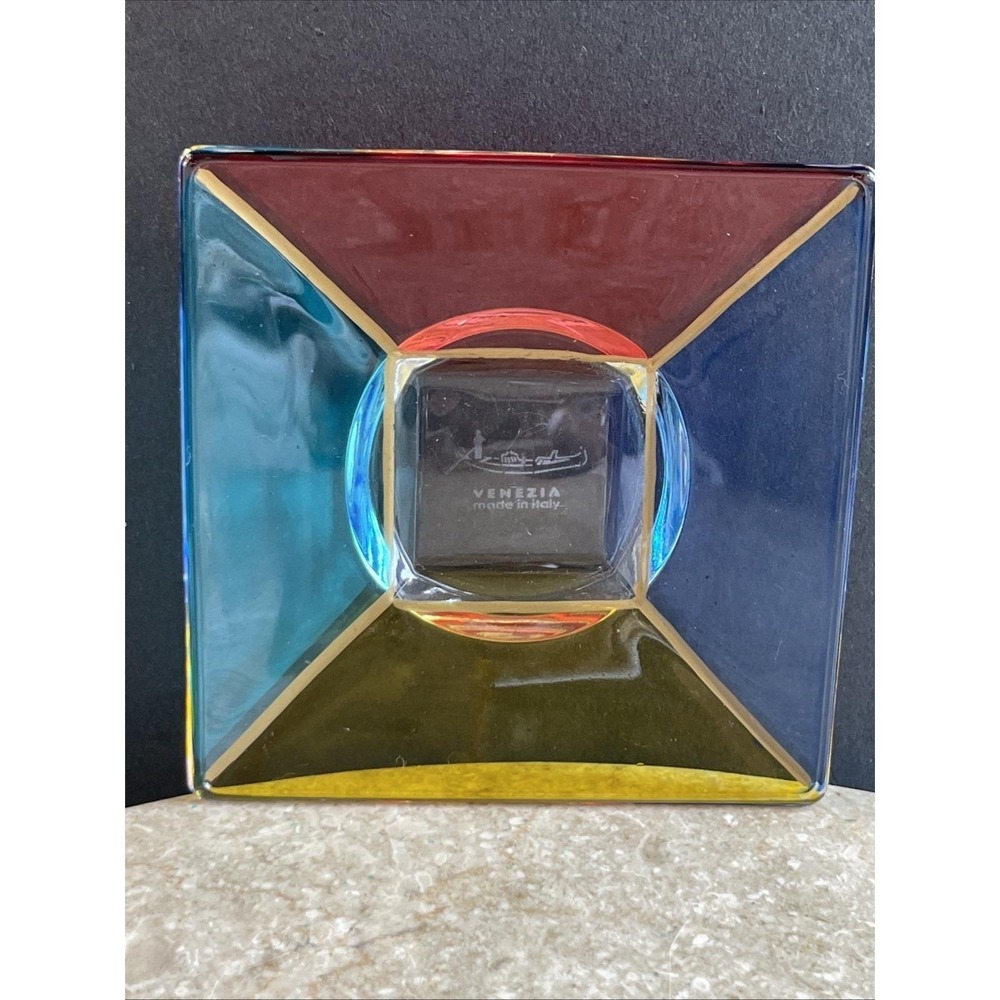 Set Of 2 1960's Venezia Made In Italy Art Deco 4" Multicolor Glass Coaster Dish